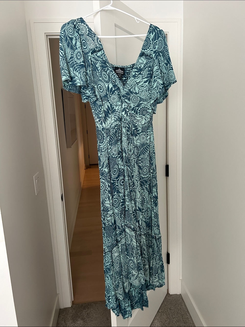 Angie Teal Floral Maxi Dress with Ruffle Sleeves- never worn